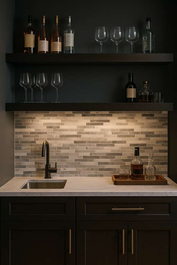 tylish wet bar with dark wood cabinetry, mosaic tile backsplash, marble countertop, modern faucet, and floating shelves holding wine bottles and glassware.