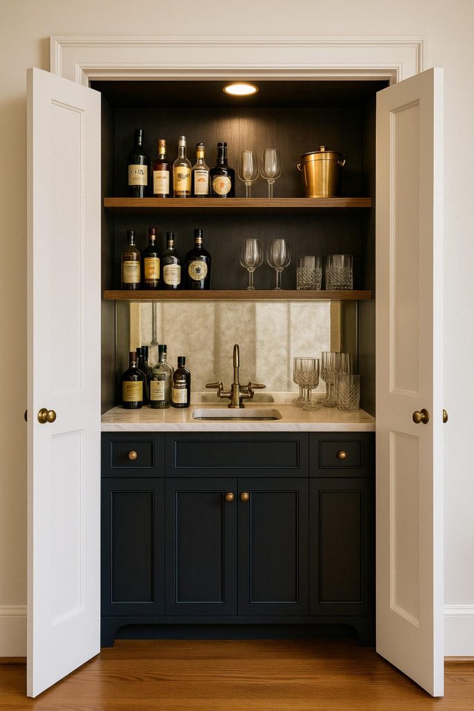Built-in wet bar inside a recessed closet space with navy-blue shaker cabinets, brass hardware, marble countertop, and mirrored shelving, illuminated with warm lighting.
