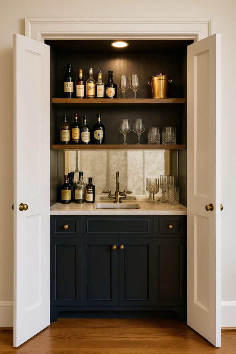 Built-in wet bar inside a recessed closet space with navy-blue shaker cabinets, brass hardware, marble countertop, and mirrored shelving, illuminated with warm lighting.
