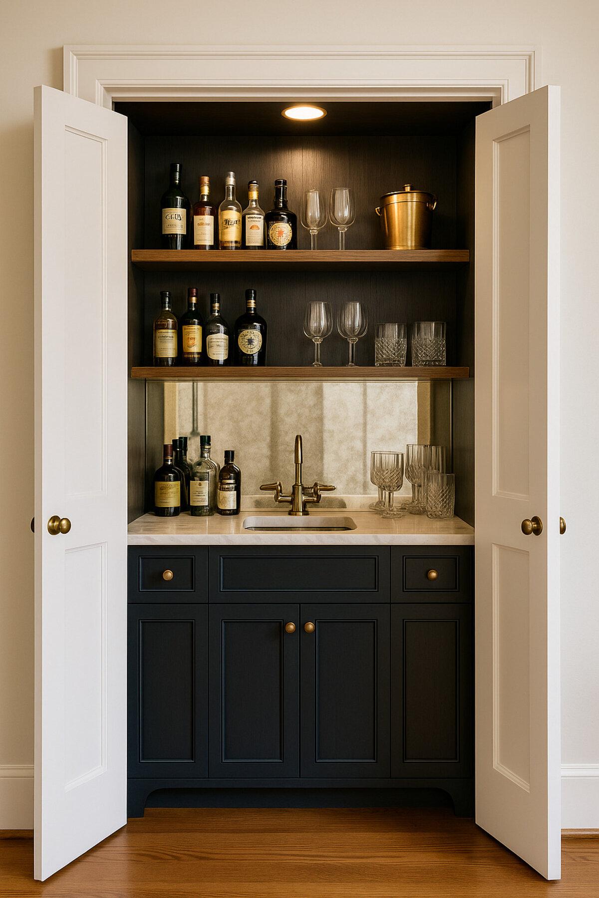 Built-in wet bar inside a recessed closet space with navy-blue shaker cabinets, brass hardware, marble countertop, and mirrored shelving, illuminated with warm lighting.